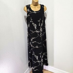 John Roberts Black Cocktail Long Floral Dress 8P Sleeveless Minimalist Cottage